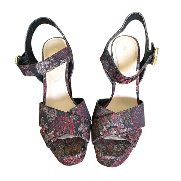 ALDO Floral Paisley and Gold Brocade Chunky 5" Heels Open Toe‎ Shoes Size 10 - Picture 6 of 9